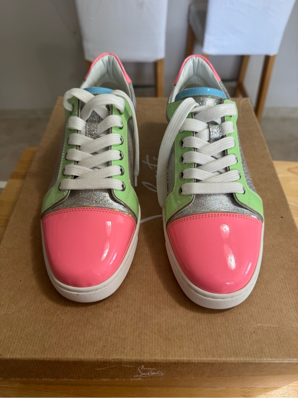 Christian Louboutin Fun Vieira Flat Patent Pink Silver Blue Low Top Sneaker 38.5